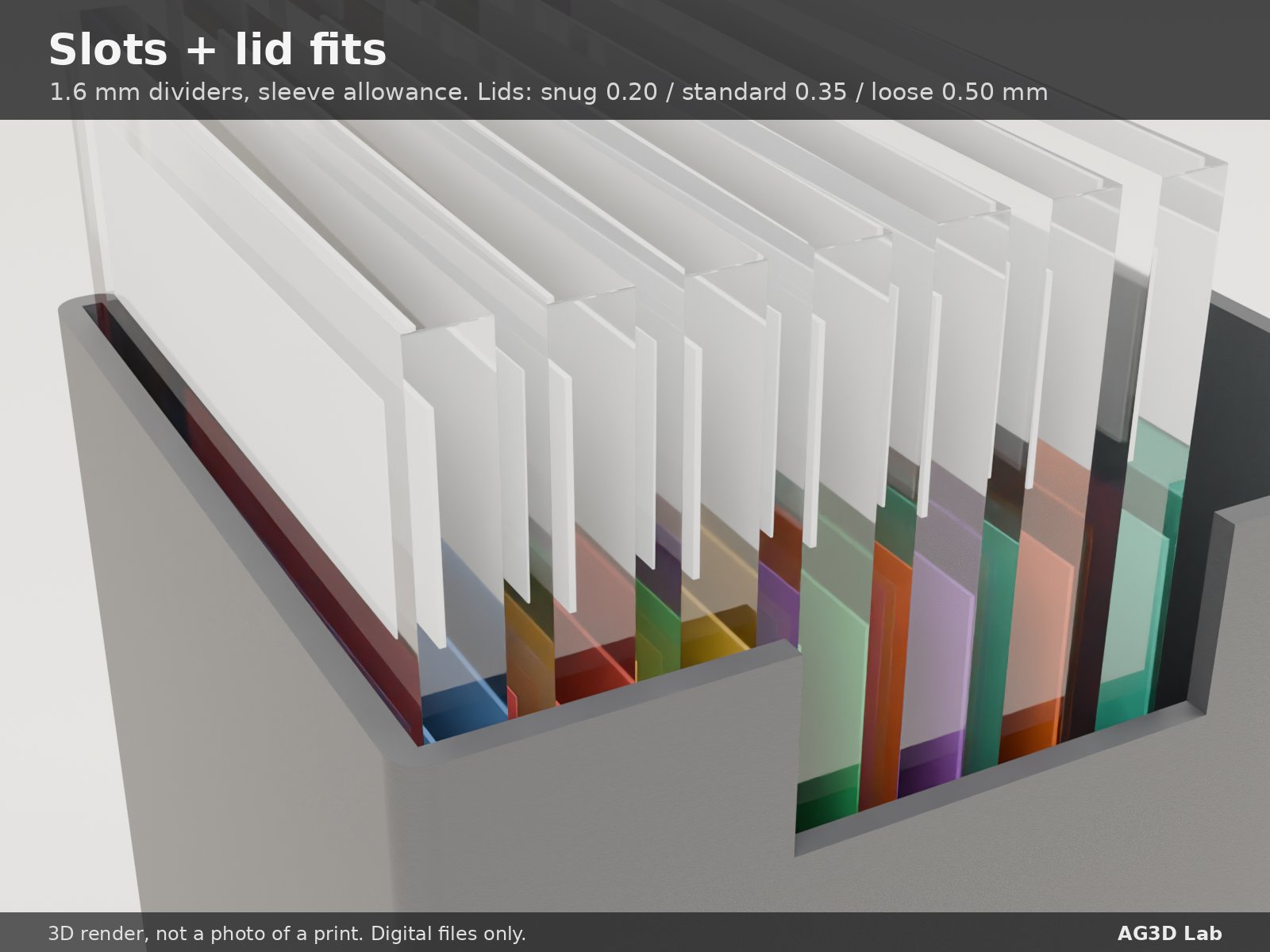 Detail: 10 slots with 1.6 mm dividers, finger notch and the 3 lid fits