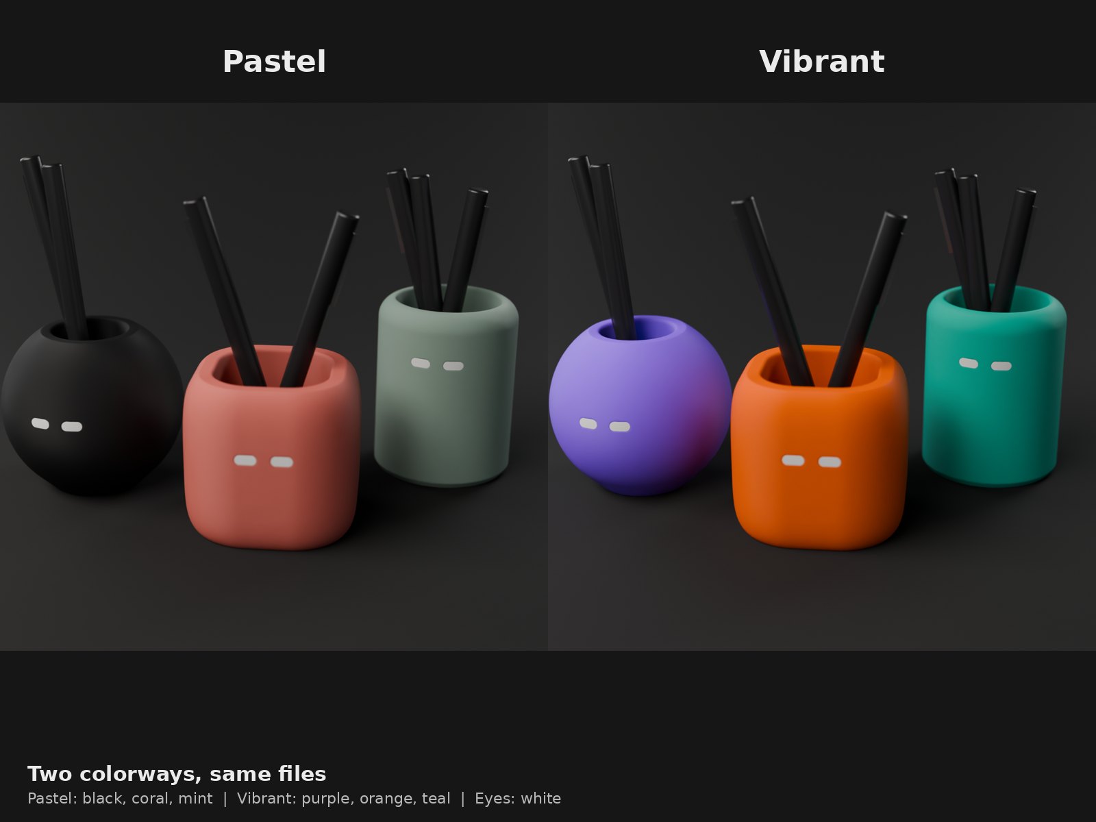 Squad Pods Pastel (black, coral, mint) and Vibrant (purple, orange, teal) colorways side by side