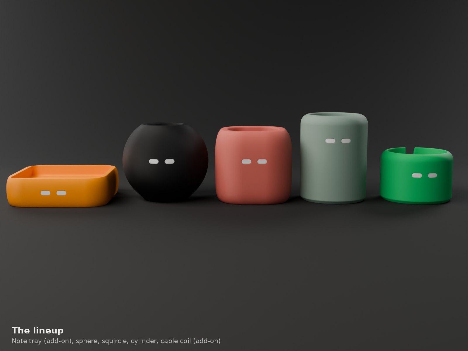 Squad Pods pen cup lineup with the sticky-note tray and cable coil add-ons