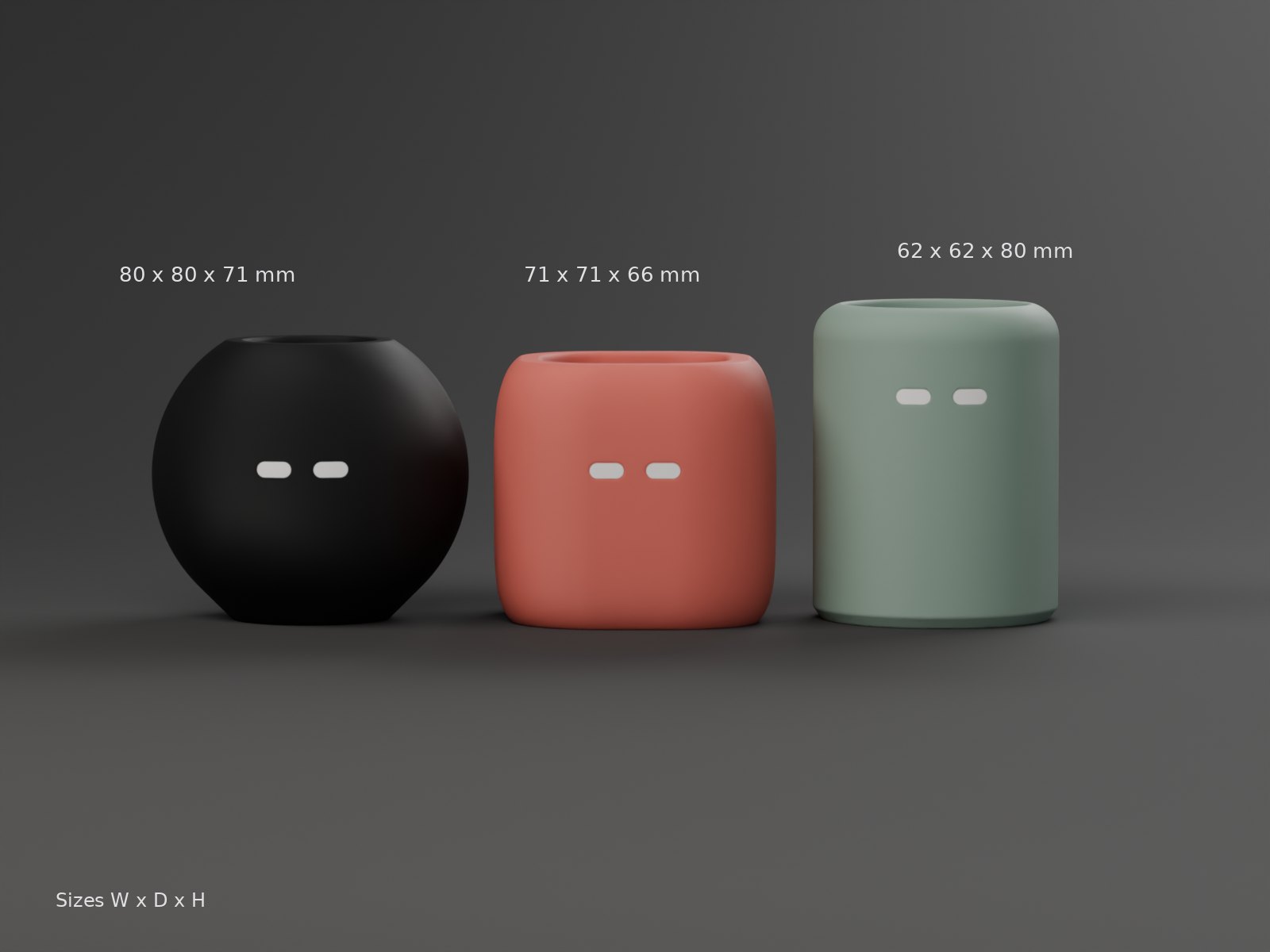 Squad Pods dimensions in millimetres: sphere 80 x 80 x 70.6, squircle 71 x 71 x 66, cylinder 62 x 62 x 79.7
