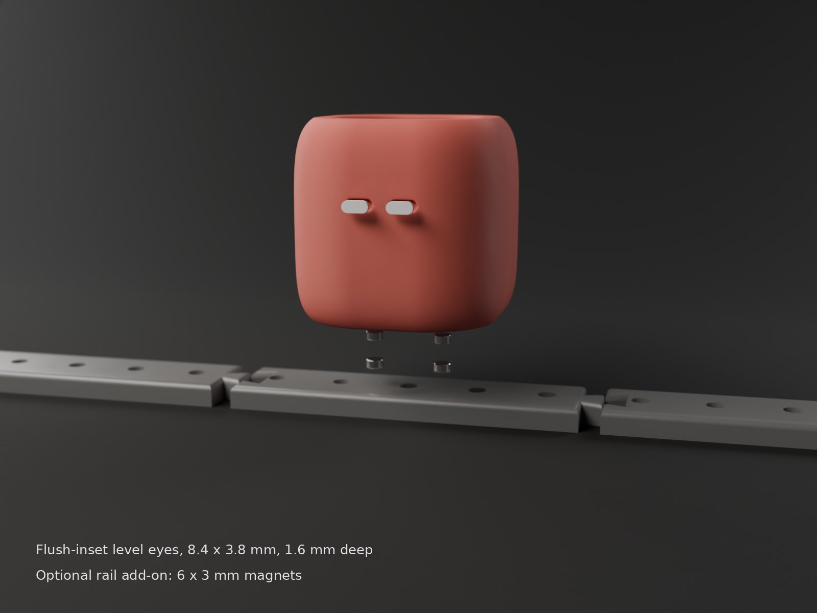 Exploded view of a Squad Pods pen cup showing the glue-in capsule eyes and the magnetic dovetail base rail
