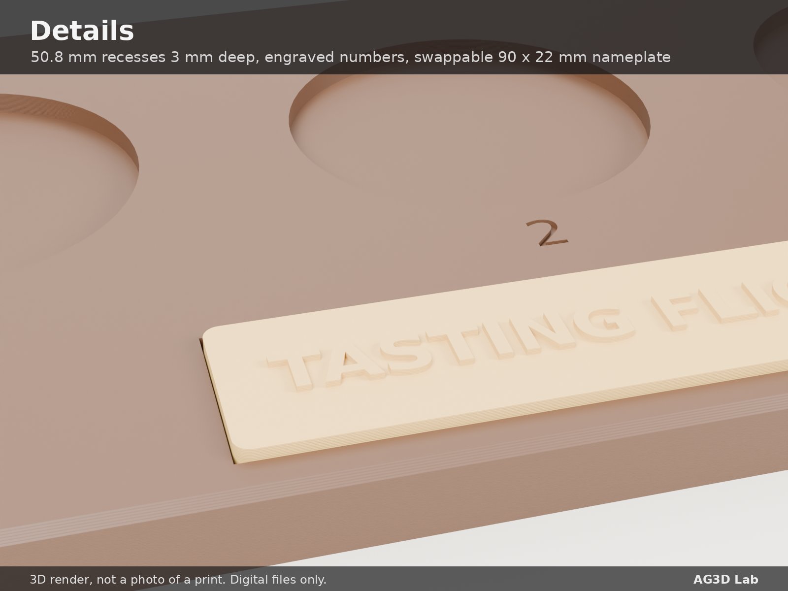 Detail: 50.8 mm glass recesses 3 mm deep, engraved position numbers and a swappable 90 x 22 mm nameplate