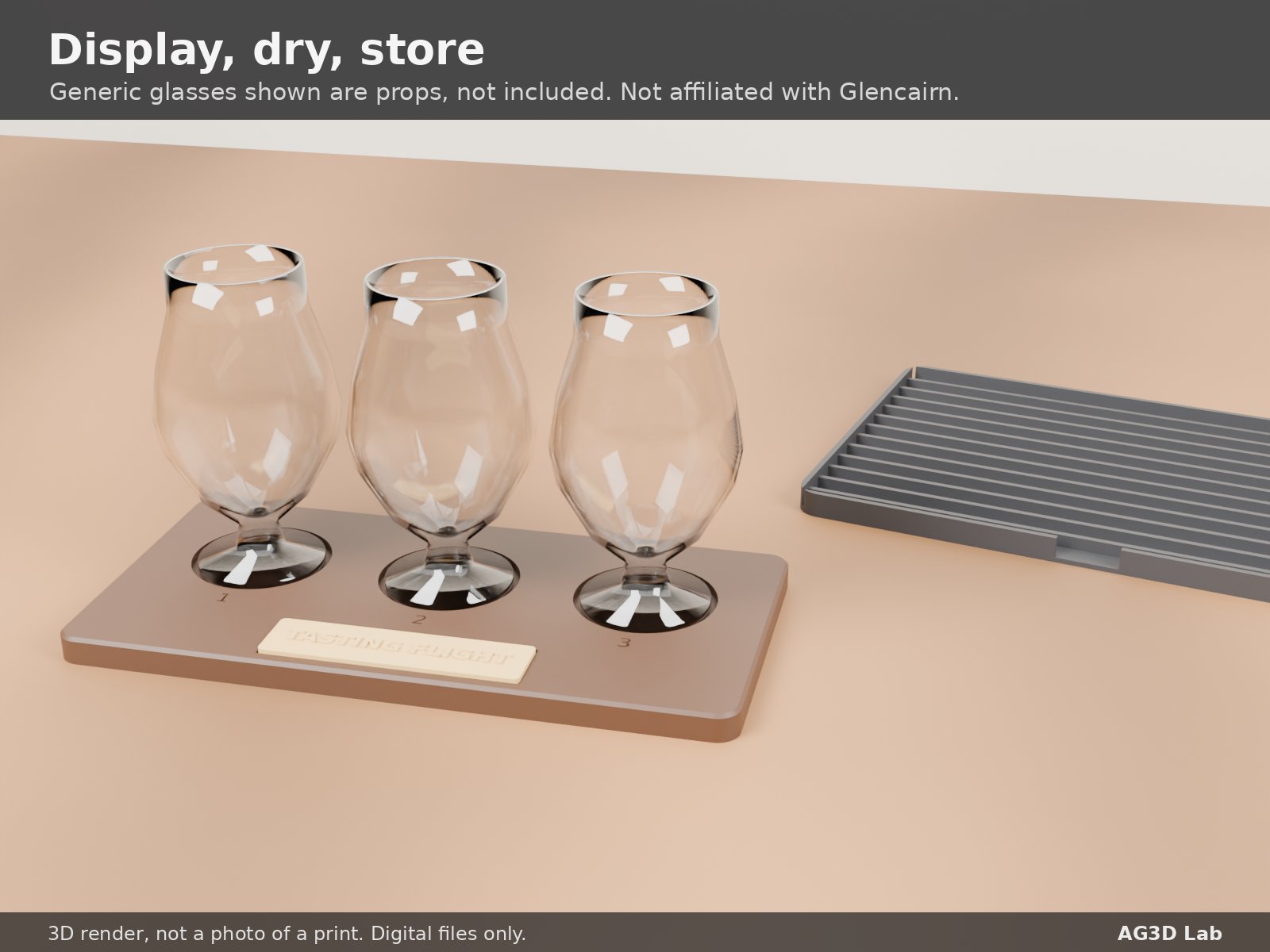 Flight boards, drying rack and under-shelf rail with empty generic tulip glasses (render props, not included)